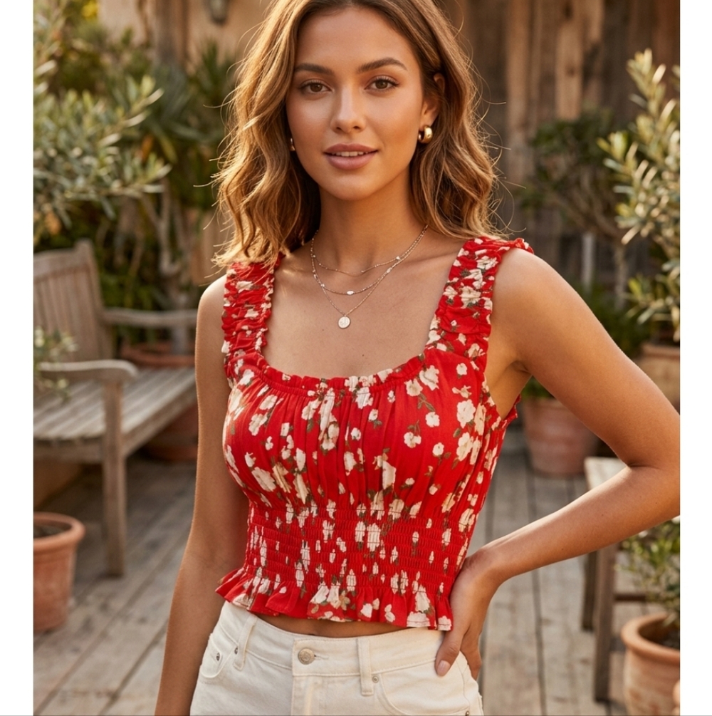 Sage The Label Red Smocked‎ Floral Crop Top S Cottagecore Coquette Tomato Girl